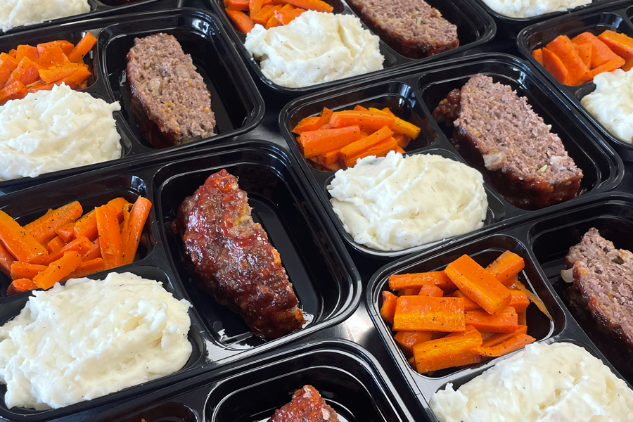 Meatloaf, mashed potatoes, carrots